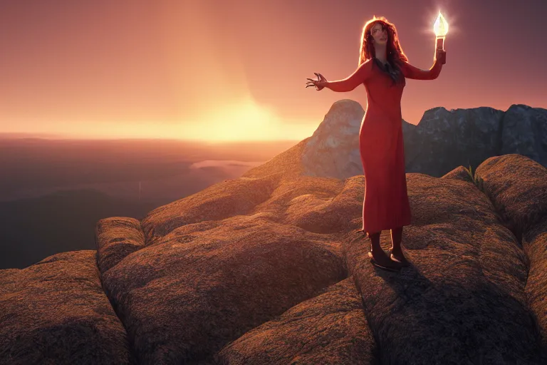 Image similar to a strange creature holding a source of light in her hands she is on top of a mountain, contemplating her existence in a beautiful sunset near dusk, unreal engine, hyper realism, realistic shading, cinematic composition, blender render, octane render