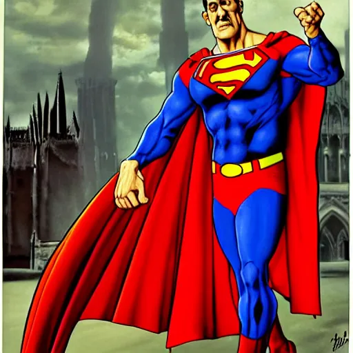 Image similar to Painting of Boris Karloff as Superman fighting Hunchback of Notre Dame by Mark Brooks