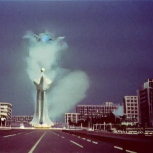 Image similar to Pulgasari the North Korean starfish monster destroying Pyongyang city, volumetric lighting, filmstill, produced by Kim Jong-il, Kodachrome, kaiju-eiga, monster movie, communist propaganda, film noir, 35mm film grain, Cooke Varotal 20-100mm T3.1, in the style of Ishirō Honda and Stanley Kubrick