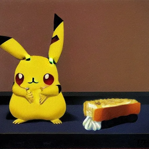 Prompt: pikachu eating a sandwich, oil painting magritte