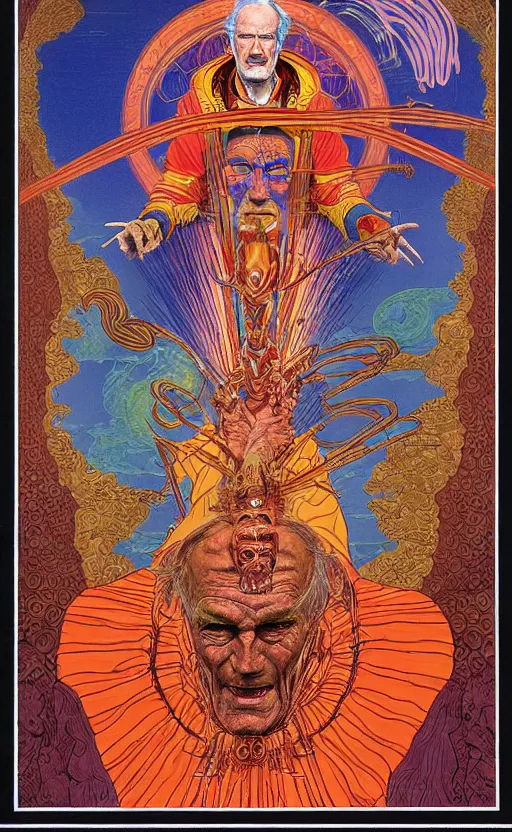 Image similar to a wickedly hilarious jean giraud work of art of timothy leary in the style of a renaissance masters portrait, mystical and new age symbolism and tibetan book of the dead imagery