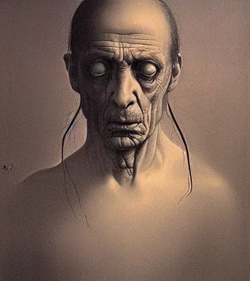 Prompt: portrait of a troubled man by Zdzisław Beksiński