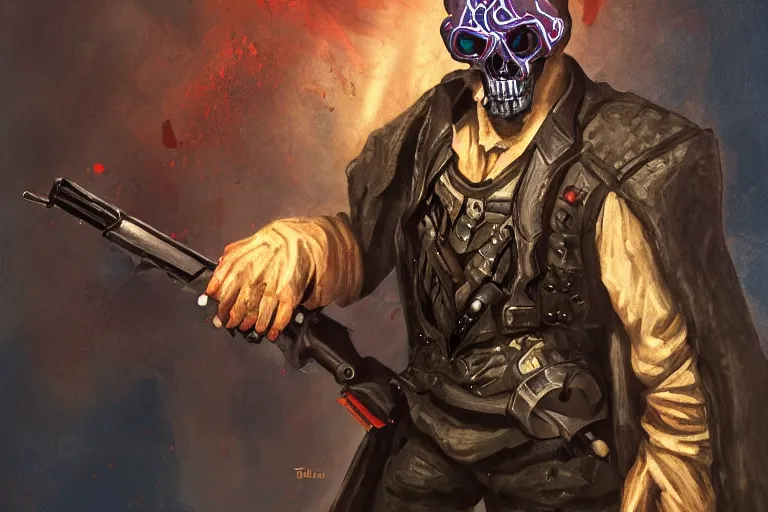 Image similar to painting of a gun wielding necromancer