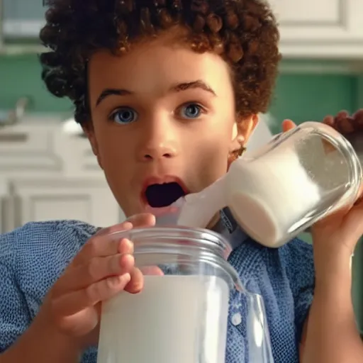 Prompt: milk commercial, kid is holding a comically huge vessel of milk and failing to drink it