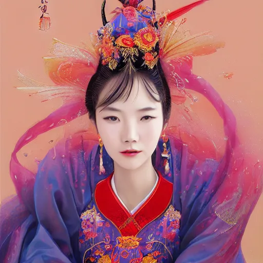 Prompt: A masterpiece portrait of a Incredibly beautiful Chinese girl in national luxurious clothes . Very colorful. Chinese lantern on background. medium shot, intricate, elegant, highly detailed. trending on artstation, digital art, by Stanley Artgerm Lau, WLOP, Rossdraws, James Jean, Andrei Riabovitchev, Marc Simonetti, Yoshitaka Amano
