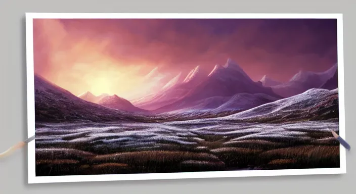 Image similar to A professional digital landscape painting of a vast wintery tundra with peaking mountains in the background, painted by Terese Nielsen, 4k, digital art, trending on cgsociety, highly detailed, upper body shot, shallow depth of field, purple and yellow lighting, professional lighting, airbrush,