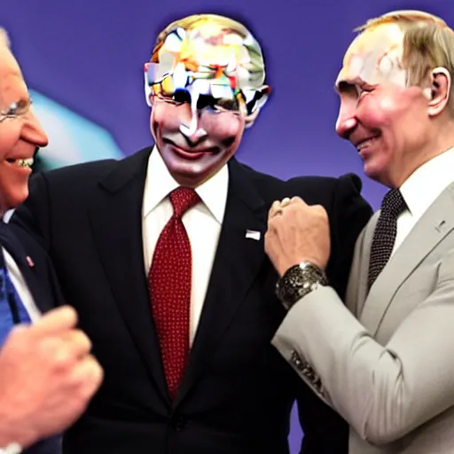 Prompt: clowns joe biden and jokers vladimir putin smiling wildly nuclear weapons in the background