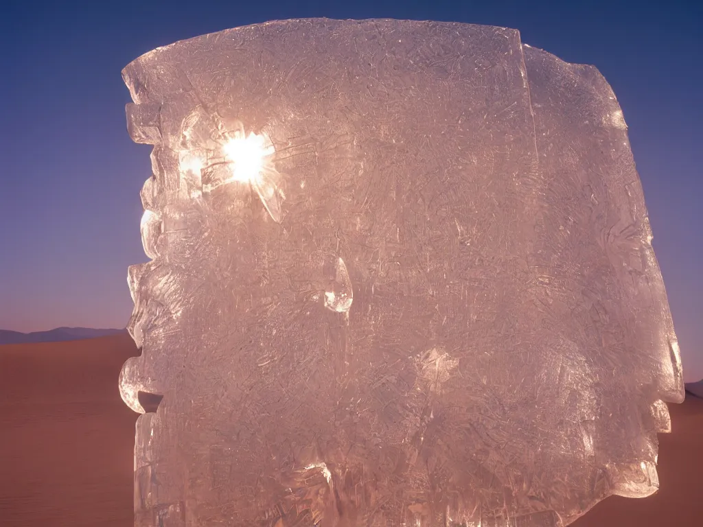 Prompt: cinestill of a huge backlit ice sculpture in the sahara desert, morning light, breathtaking, high definition photograph by national geographic