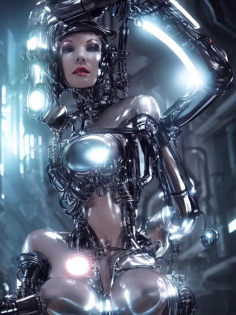 Image similar to cinematic, photography, medium shot, portrait, a beautiful betty page cyborg, perfect chromium bionic body, holographic ui data displays, hud interface, floating power cables, hajime sorayama, h. r. giger, octane rendered, 4 k, lens flare,