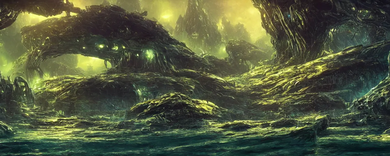 Image similar to ” water alien landscape, [ organic, liquid, cinematic, detailed, epic, widescreen, opening, establishing, mattepainting, photorealistic, realistic textures, octane render, art by slop and paul lehr ] ”