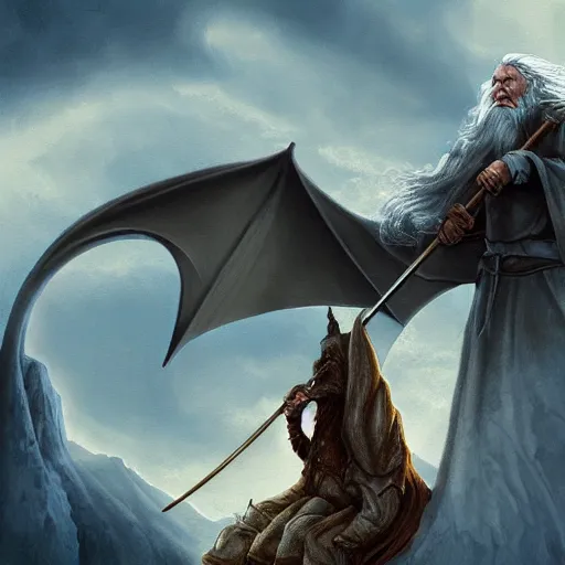 Image similar to gandalf, riding a dragon, highly detailed, digital art,