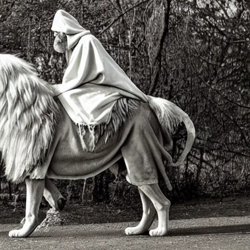 Image similar to old man ( wise long white beard wearing a hooded tunic ) riding on lions back