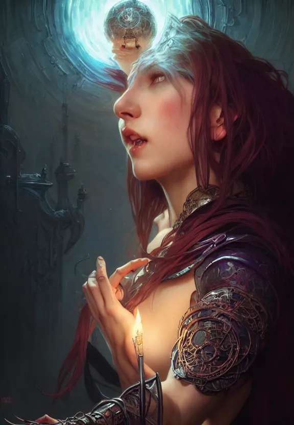 Image similar to Necromancer Sorceress in center, fantasy magic, undercut hairstyle, dark light night, intricate, elegant, sharp focus, illustration, highly detailed, digital painting, concept art, matte, art by WLOP and Artgerm and Greg Rutkowski and Alphonse Mucha, masterpiece