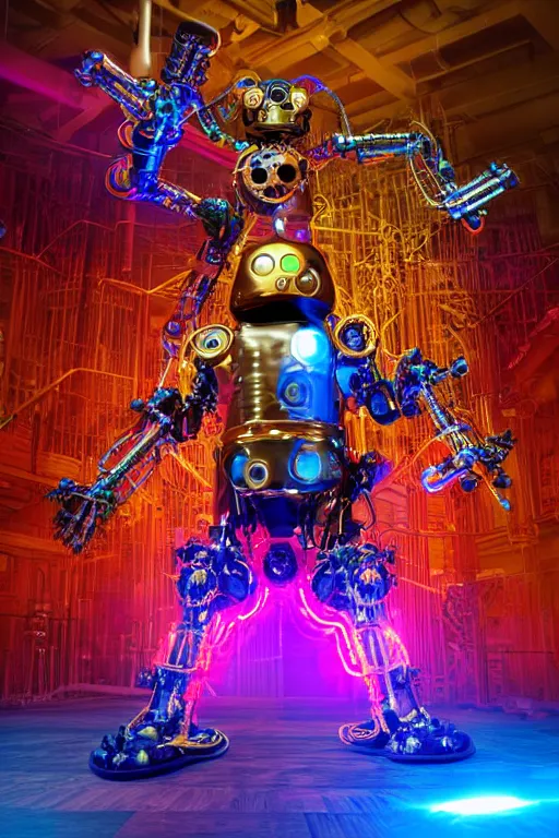 Image similar to portrait photo of a giant huge golden and blue metal humanoid steampunk robot guitarplayer covered with multicolored big gears and tubes, a huge red guitar, eyes are glowing red lightbulbs, shiny crisp finish, 3 d render, 8 k, insaneley detailed, fluorescent colors, background is multicolored lasershow