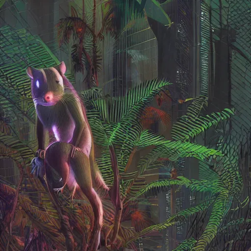 Image similar to possum lost in the jungle at night, cyberpunk, isometric, highly detailed, hyperrealistic 8k , digital art