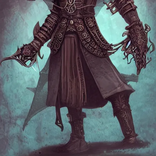 Prompt: a full body artwork in the style of magic the gathering artworks of a lovecraft steampunk warrior