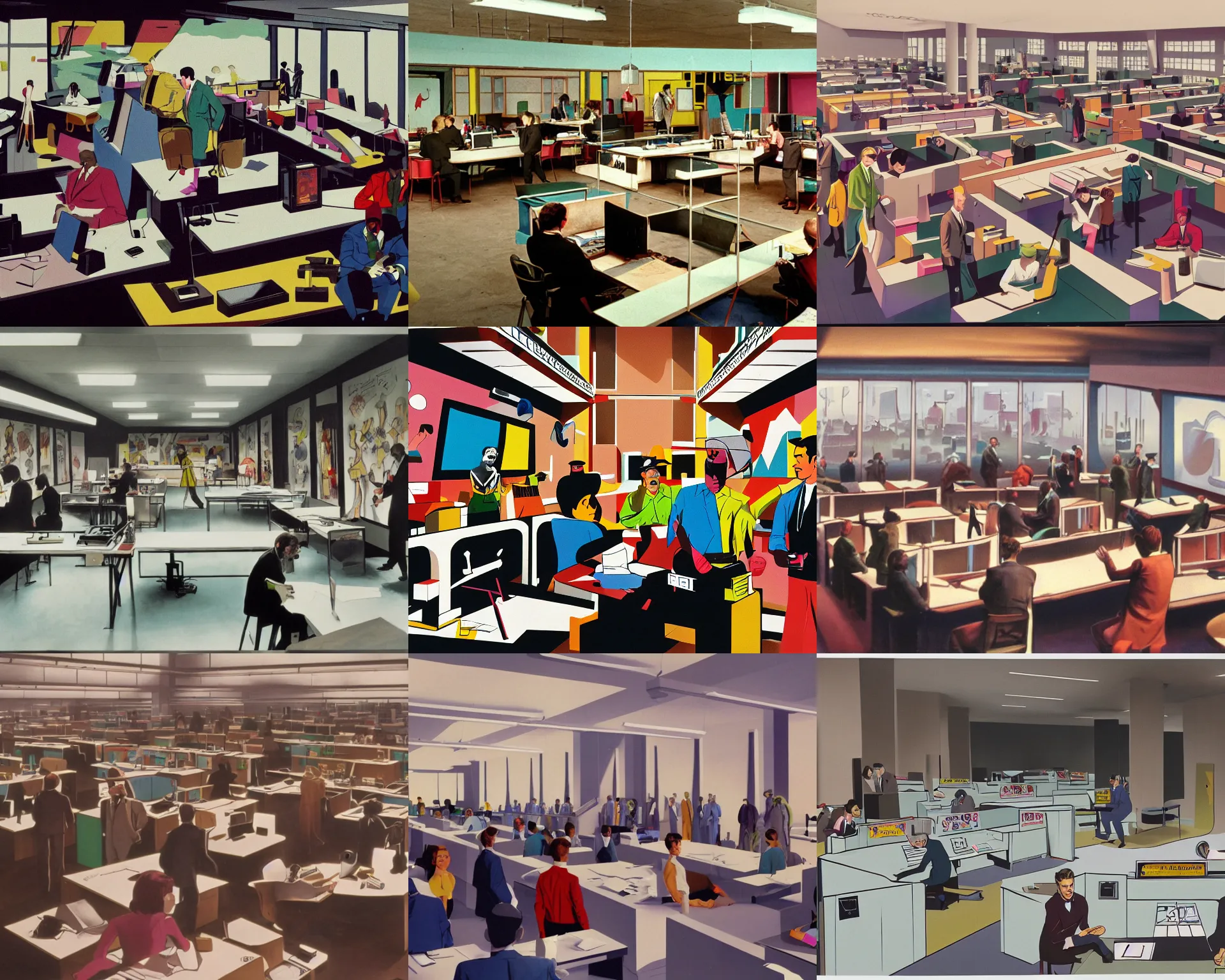 Prompt: a colourful brutal matte painting of start of work in interior of detective agency, people at work, monitors, whiteboards by Miro Vesterinen and Bruce Timm, 35mm