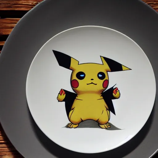 Prompt: a photo of the skeleton of pikachu on a plate