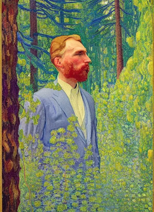 Prompt: a portrait of a man enshrouded in an impressionist representation of mother nature and the meaning of life by william holman hung, the man is surrounded by detailed luscious botany and massive redwood trees by cuno amiet, thick watercolor brush strokes, portrait painting by daniel garber, vintage postcard illustration