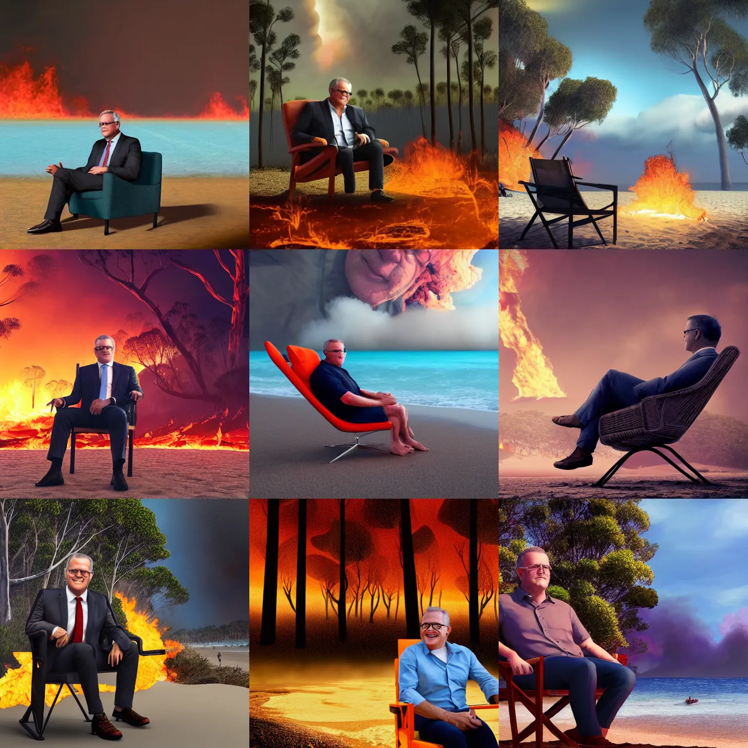 Prompt: australian prime minister scott morrison relaxing in a chair on the beach while the background is on fire, lush forest on fire, plumes of smoke, digital illustration, artstation, smooth, sharp focus, realistic art, octane render, realistic lighting, sunny