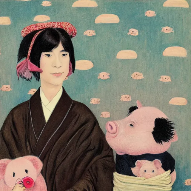 Image similar to tall emo female artist holding small portraits and piglet on a train, wearing a kimono, on yamanote line in japan, tokyo station, summer, sweat, ice coffee, pigs, octopus, acrylic on canvas, surrealist, by magritte and monet