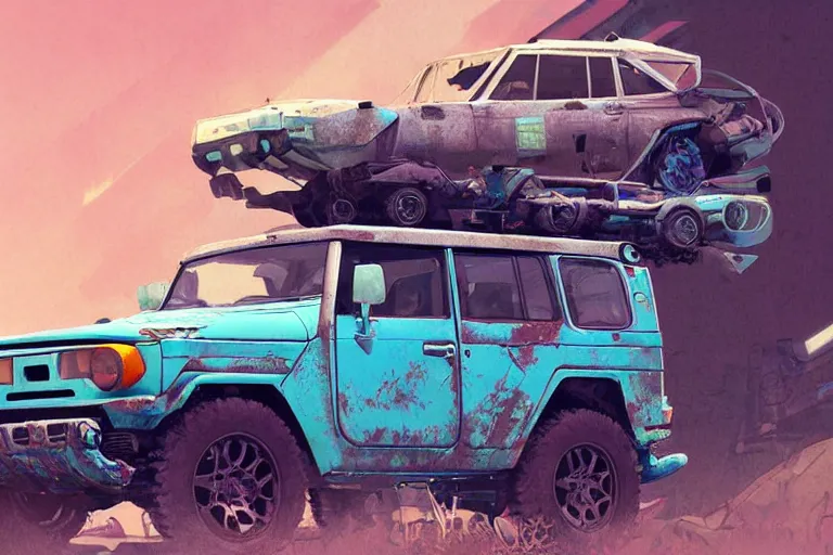 Image similar to digital illustration of a futuristic faded cyan mad max's fj 4 0 decrepit!!!! pursuit special, rusty!!! cyberpunk nissan fj cruiser heavily modded 1 9 9 0 s, the last v 8 interceptor by makoto shinkai, ilya kuvshinov, lois van baarle, rossdraws, basquiat