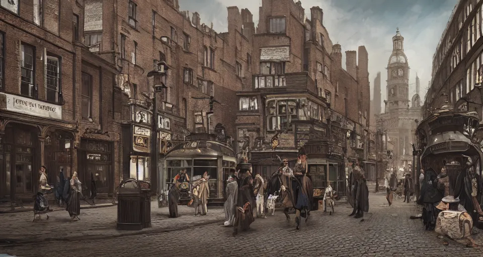 Image similar to victorian london, street scene, street level, whitechapel,hyperdetailed, artstation, cgsociety, 8k