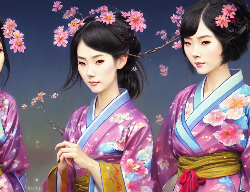 Image similar to two beautiful fashion taiwan girls wear fantasy yukata in festival | | big eyes, sunny, dreamlike art, realistic shaded, smile, good looking, fine details, 4 k realistic, cryengine, realistic shaded lighting poster by greg rutkowski, magali villeneuve, artgerm, jeremy lipkin and michael garmash and rob rey