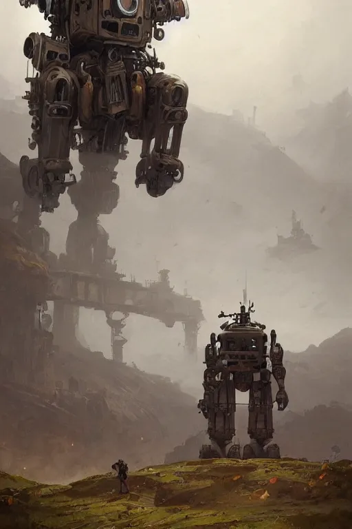 Image similar to giant dieselpunk robot stands on a hill above a small town, highly detailed, digital painting, artstation, concept art, smooth, clear focus, illustrations, works by Jakub Rozalski,