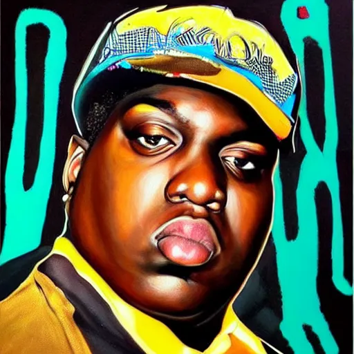 Image similar to a hyper realistic painting of biggie smalls, art by basquiat, intricate, ultra detailed, photorealistic, black and gold colors, dark background trending on artstation