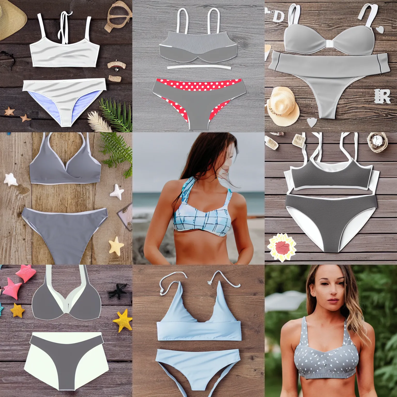 Prompt: cartoon die cut sticker of summer bikini top and bottom on light gray wood