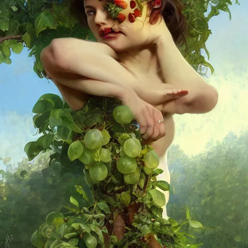 Image similar to eve eating fruit from the tree of knowedge of good and evil in the gardnen of eden, highly detailed, digital painting, artstation, concept art, smooth, sharp focus, illustration, artstation, art by artgerm, greg rutkowski, alphonse mucha, ilya repin and charlie bowater