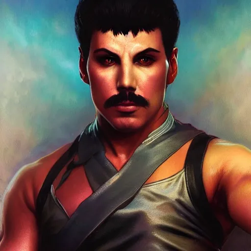 Image similar to ultra realistic freddy mercury from ryu from street fighter, portrait, 4 k, ultra realistic, detailed focused art by artgerm and greg rutkowski and alphonse mucha