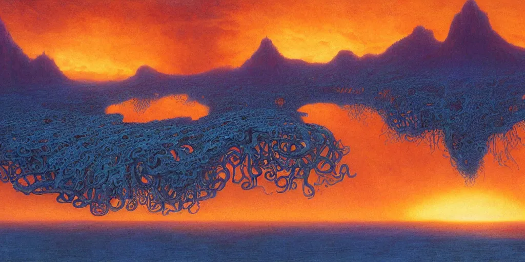 Image similar to Artwork by John Howe of the cinematic view of Jojunan, a breathtaking plane of jungles of blue tentacles, radioactive lakes, and desert valleys, lit by a warm orange twilight.