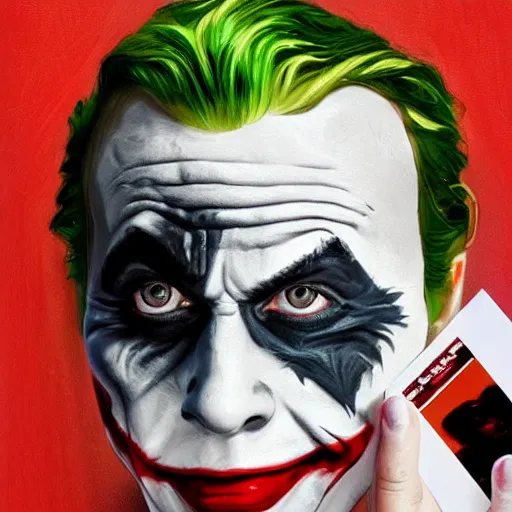 Prompt: the joker holding a printed photo of Margot Robbie, digital painting, amazing detail, artstation, photorealistic, cgsociety