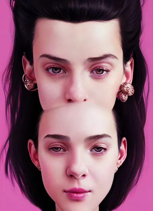 Image similar to portrait of high school girl, realistic, black hair, bangs, half updo hairstyle, pointy nose, skinny, smile, ugly, defined jawline, big chin, pink hair bow, earrings, intricate, elegant, glowing lights, highly detailed, digital painting, artstation, sharp focus, illustration, art by wlop, mars ravelo and greg rutkowski