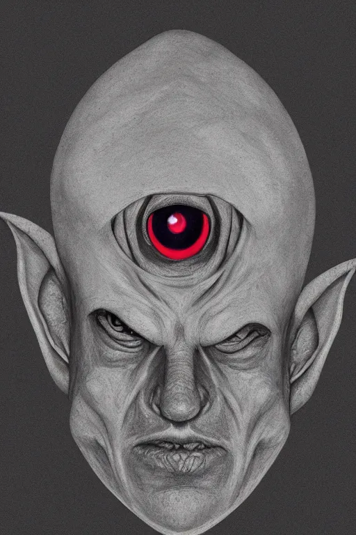 Prompt: portrait of triangle shaped goblin head with single centered giant bloodshot eye, in the style of Greg Broadmore and Arthur Rackham,trending on artstation, light lighting side view,digital art,surrealism ,macro,blueprint ,vaporwave ,