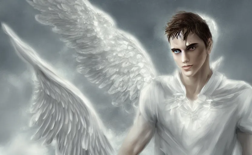 Prompt: a digital concept art of a beautiful male angel wearing white angelic clothes flying among heaven and a detailed face