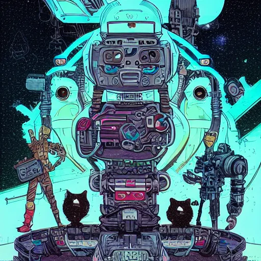 Prompt: a cat with a robot llustrated by laurie greasley, dan mumford, peter mohrbacher, hyper detailed, trending on cg society, crisp