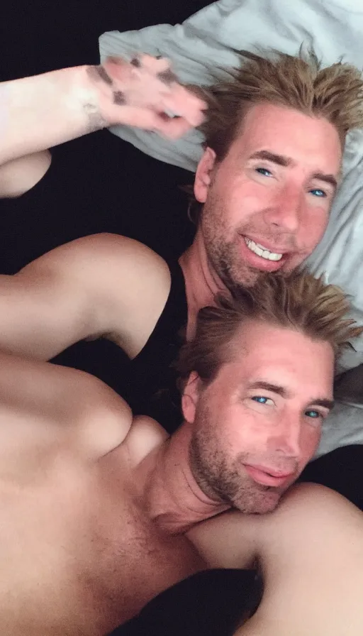 Image similar to chad kroeger snapchat selfie laying in bed with a black tanktop