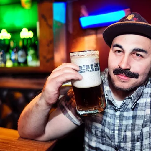 Image similar to Mario drunk and drinking beer in a bar at night, photography
