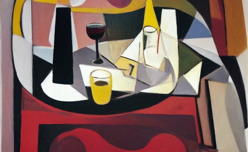 Prompt: abstract oil painting, minimal, white mug, glass bottle, wine glass, on a table. in the style of john craxton, similar aesthetics to ivon hitchins. picasso