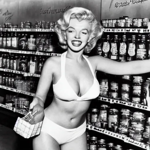 Image similar to marylin monroe in bikini in a grocery store in 2 0 2 2