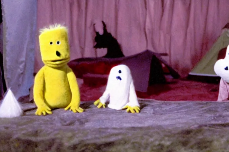 Image similar to a color still from a weird 1972 kids tv show where a sad cheese puppet and a furry ghost have a tickle party with death tent