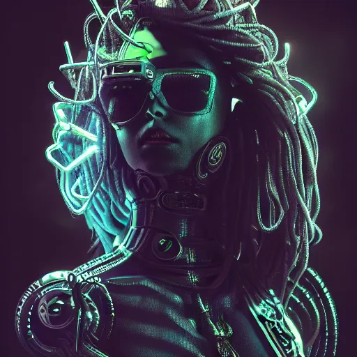 Image similar to Cyberpunk medusa, dark atmosphere, cinematic shot, intricate, ornate, photorealistic, ultra detailed, realistic, 35mm, photography, neon, octane, high definition, depth of field, bokeh, 8k, artstation