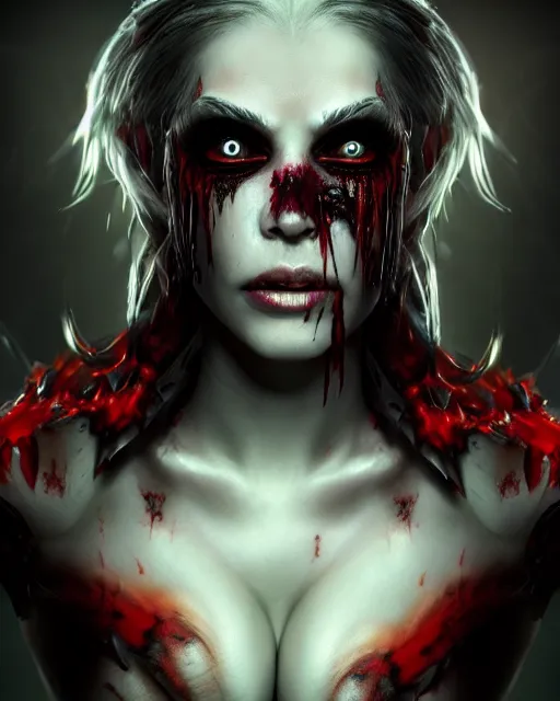 Prompt: beautiful headshot of the psychotic nightmare queen, bleeding eyes, melting features, black sclera, realistic render, unreal engine, cgsociety, trending on deviantart, cinematic lighting, highly detailed