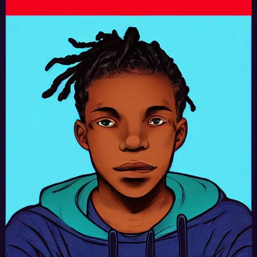 Image similar to “Side portrait of A AfricanAmerican boy with dreads and a blue hoodie on, in the style of a soviet propaganda poster”