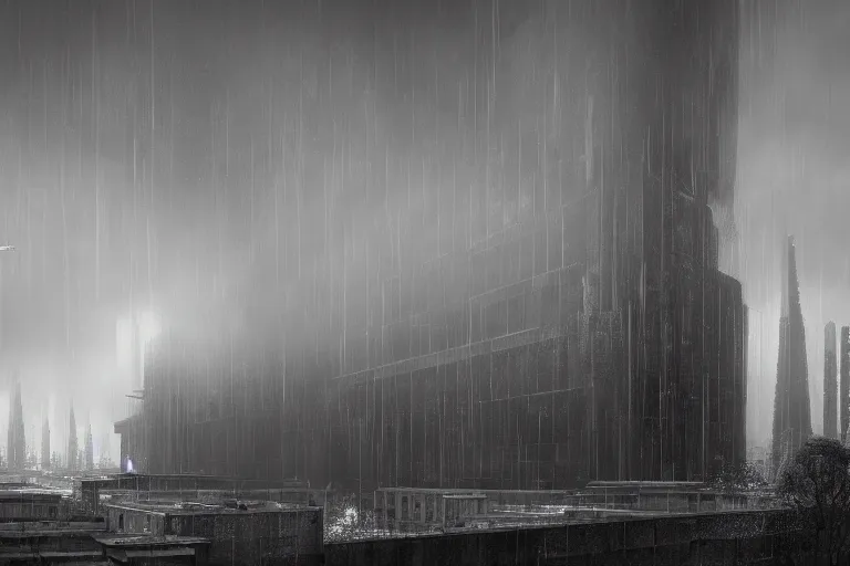 Image similar to cathedral, brutalist architecture, metal, concrete, mist, rain, night, dramatic lighting, lightning bolt, trending on Artstation, 8k, highly realistic, hyper detailed, unreal engine 5, IMAX quality, realistic, cinematic, epic lighting, realistic, in the style of Greg Rutkowski