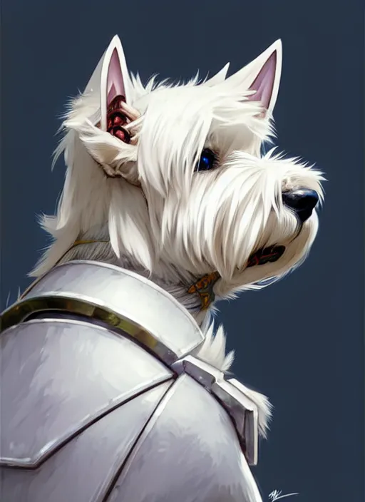 Image similar to a west highland white terrier, anime art style, wearing futuristic, led - lit armor, and a cannon mounted on his back, portrait, high detail, sharp focus, digital painting, artstation, concept art, art by hayao miyazaki and artgerm and greg rutkowski and alphonse mucha.