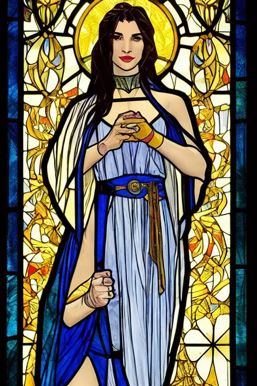 Prompt: stained glass portrait of gal gadot, in the style of alphonse mucha, anjali mudra, tarot, smooth, gold, dark blue, watercolor